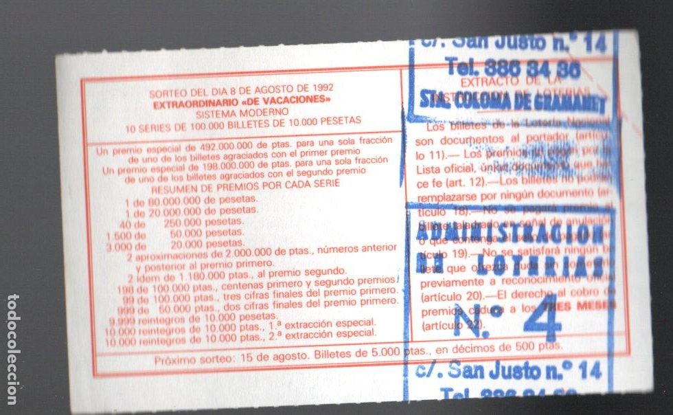Loter&iacute;a nacional: LOTER&Iacute;A NACIONAL - ADMINISTRACI&Oacute;N N&ordm; 4 DE SANTA COLOMA DE GRAMANET (BARCELONA) - SORTEO 63/92-
