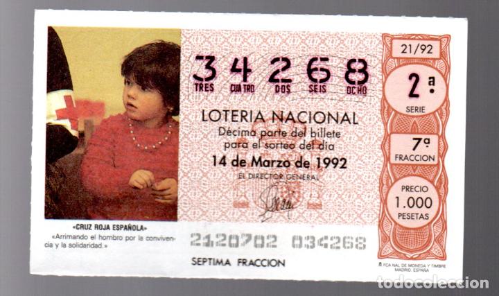 Nationale spanische Lotterie: LOTER&Iacute;A NACIONAL - 14 DE MARZO DE 1992 - SORTEO 21/92 - CRUZ ROJA ESPA&Ntilde;OLA -