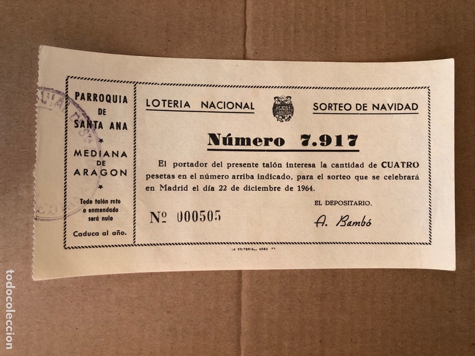 Loter&iacute;a nacional: BOLETO LOTER&Iacute;A SORTEO NAVIDAD 1965 PARROQUIA SANTA ANA MEDIANA DE ARAG&Oacute;N