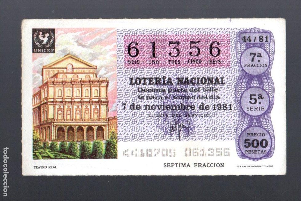Loter&iacute;a Nacional: LOT. NACIONAL - 22 DE NOVIEMBRE DE 1981 - SORTEO 44 - TEATRO REAL - ADMINIST, N&ordm; 8 DE C&Aacute;DIZ -