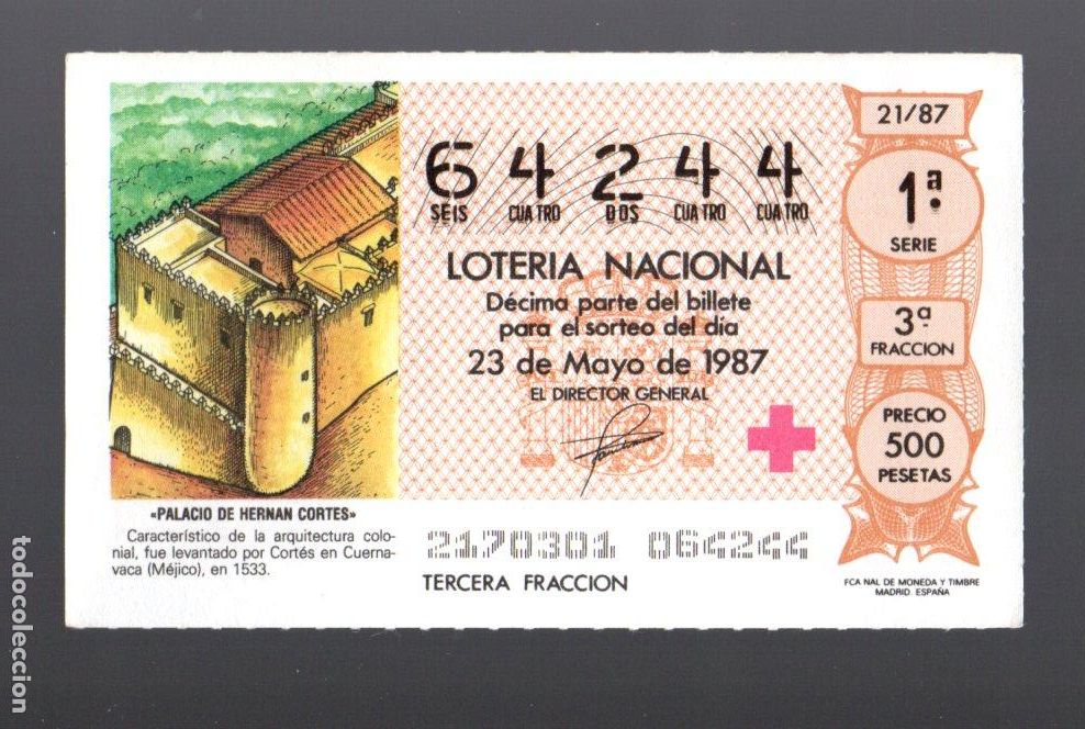 Nationale spanische Lotterie: LOT. NACIONAL - 23 DE MAYO 1987 - SORTEO 21 - PALACIO HERN&Aacute;N CORT&Eacute;S - CRUZ ROJA ESP&Ntilde;OLA -