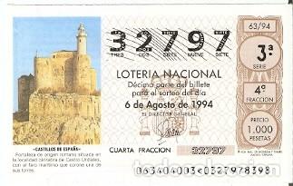 Loter&iacute;a Nacional: D&eacute;cimo Loter&iacute;a. Sorteo 63 de 1994. Castillos de Espa&ntilde;a. Fortaleza. Castro Urdiales. 9-9463