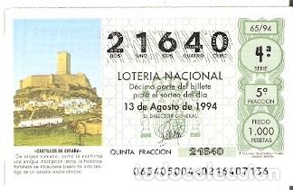 Loter&iacute;a Nacional: D&eacute;cimo Loter&iacute;a. sorteo 65 de 1994. Castillos de Espa&ntilde;a. Fortaleza de Alcaudete. Ja&eacute;n. 9-9465
