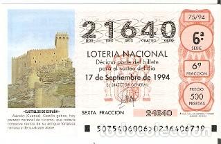 Loter&iacute;a Nacional: D&eacute;cimo Loter&iacute;a. sorteo 75 de 1994. Castillos de Espa&ntilde;a. Alarc&oacute;n. Cuenca. 9-9475