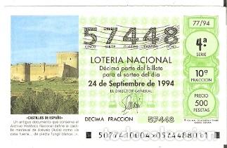 Loter&iacute;a Nacional: D&eacute;cimo Loter&iacute;a, sorteo 77 de 1994. Castillos de Espa&ntilde;a. Ar&eacute;valo. Avila. 9-9477