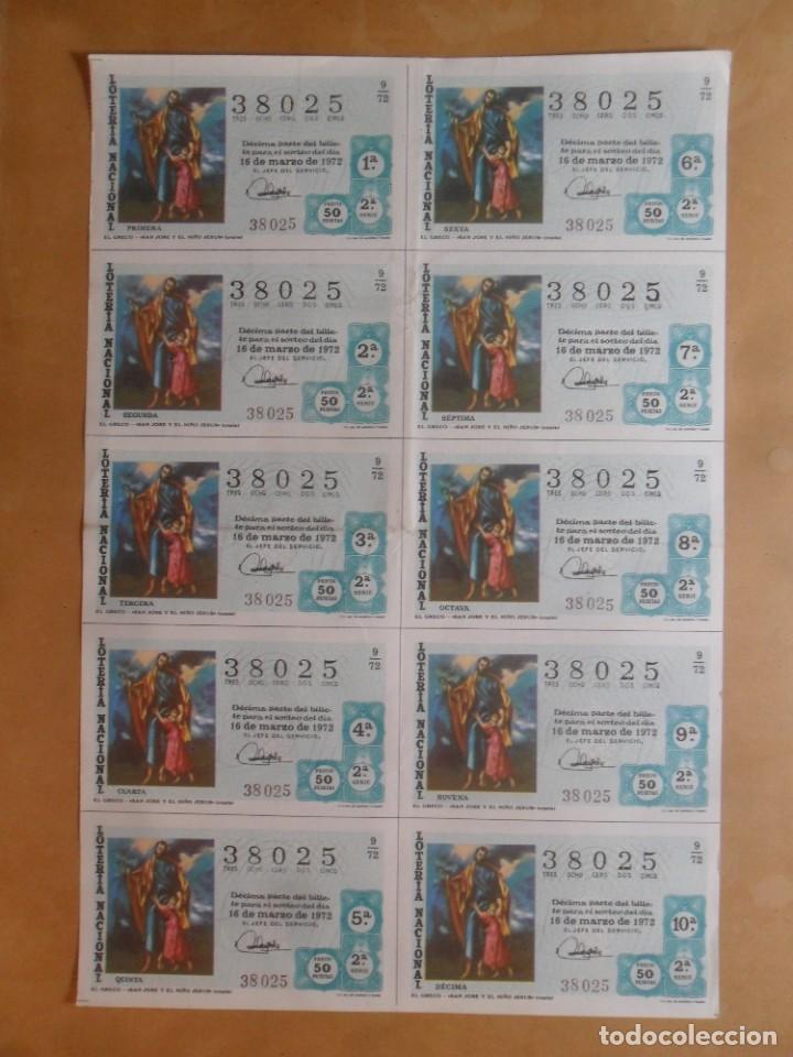 Loter&iacute;a nacional: BILLETE COMPLETO 10 DECIMOS - N&ordm; 38025 - 16 MARZO 1972 - 9/72 - EL GRECO - SAN JOSE Y EL NI&Ntilde;O JESUS