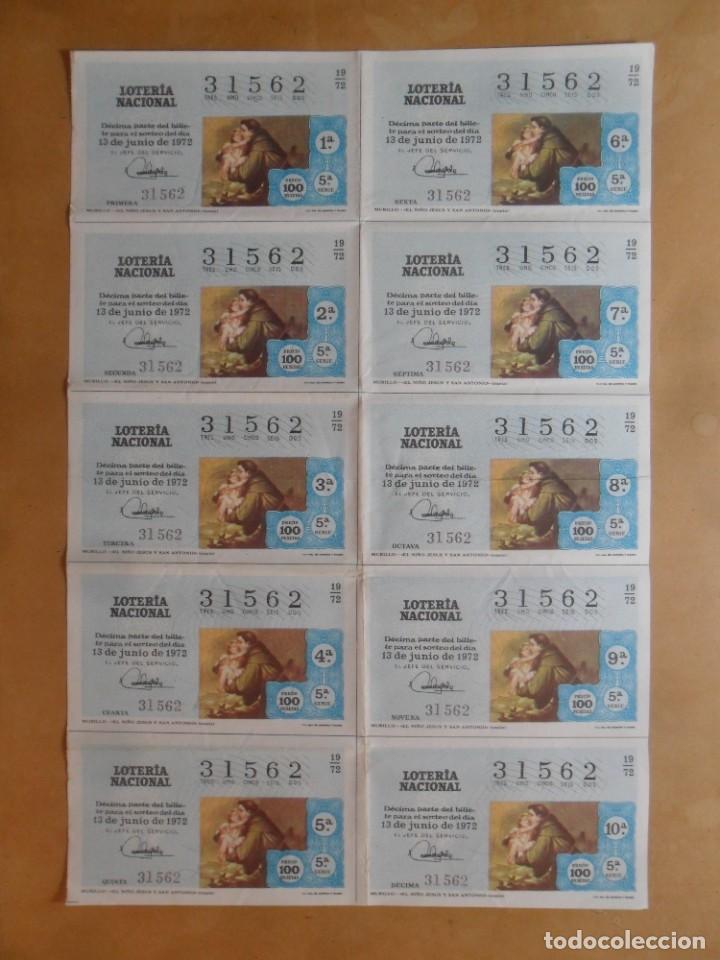 Loter&iacute;a nacional: BILLETE COMPLETO 10 DECIMOS - N&ordm; 31562 - 13 JUNIO 1972 - 19/72 - MURILLO - EL NI&Ntilde;O JESUS Y SAN ANTON
