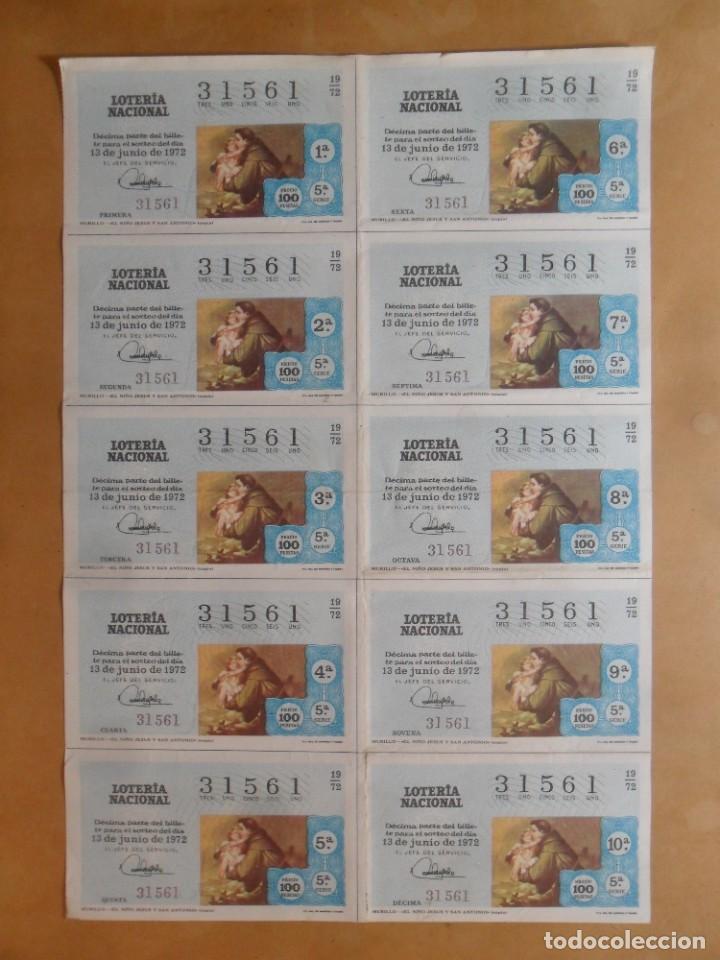 Loter&iacute;a nacional: BILLETE COMPLETO 10 DECIMOS - N&ordm; 31561 - 13 JUNIO 1972 - 19/72 - MURILLO - EL NI&Ntilde;O JESUS Y SAN ANTON