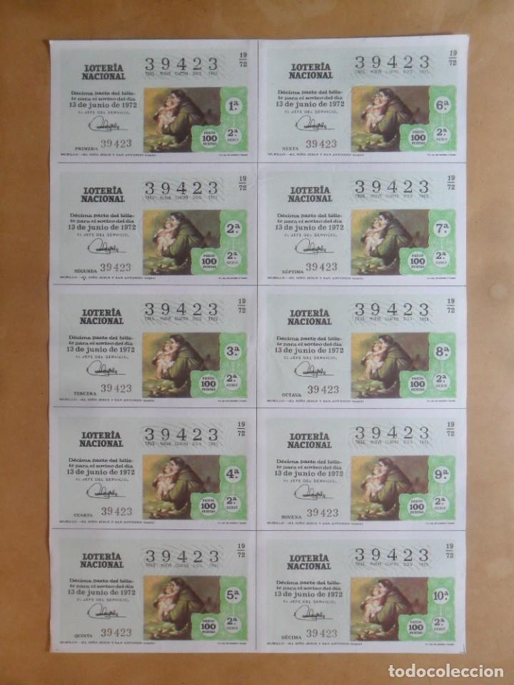 Loter&iacute;a nacional: BILLETE COMPLETO 10 DECIMOS - N&ordm; 39423 - 13 JUNIO 1972 - 19/72 - MURILLO - EL NI&Ntilde;O JESUS Y SAN ANTON