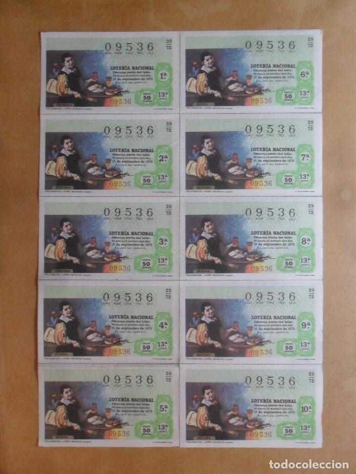 Loter&iacute;a nacional: BILLETE COMPLETO 10 DECIMOS - N&ordm; 09536 - 15 SEPTIEMBRE 1972 - 29/72 - VELAZQUEZ - NI&Ntilde;O MUSICO