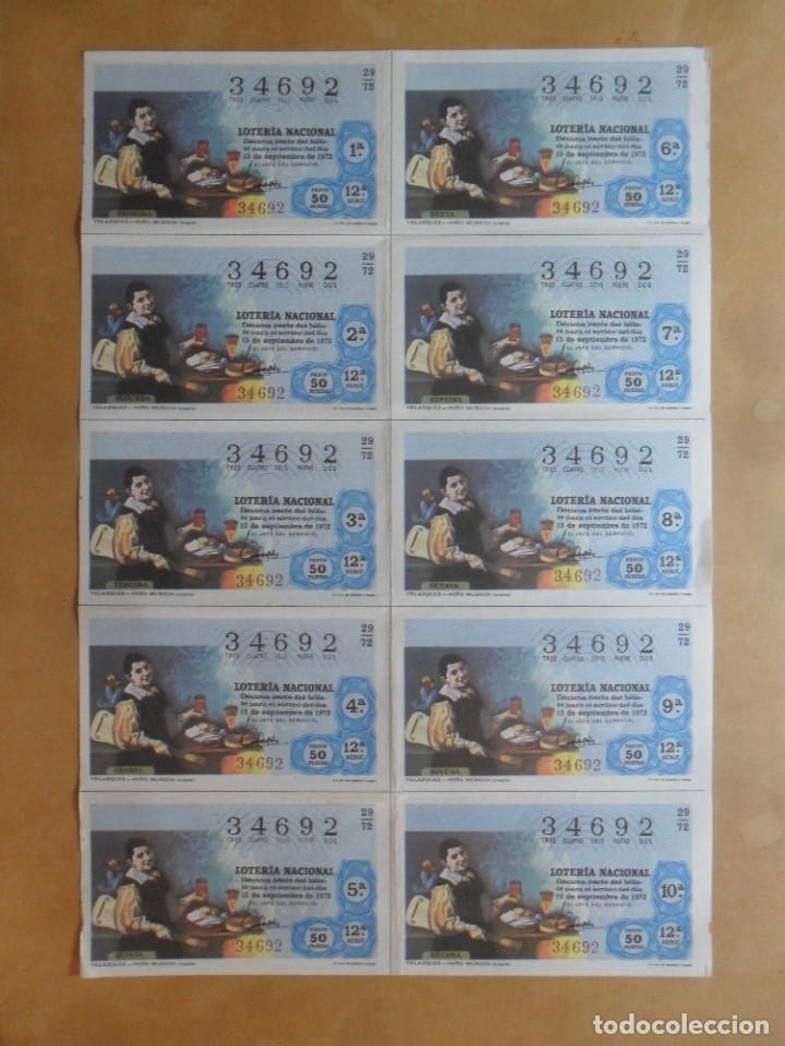 Loter&iacute;a nacional: BILLETE COMPLETO 10 DECIMOS - N&ordm; 34692 - 15 SEPTIEMBRE 1972 - 29/72 - VELAZQUEZ - NI&Ntilde;O MUSICO