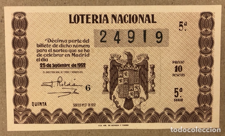 National Spanish Lottery: D&Eacute;CIMO DE LOTER&Iacute;A DEL A&Ntilde;O 1952 SORTEO N&deg; 27 DEL 25/9/1952.