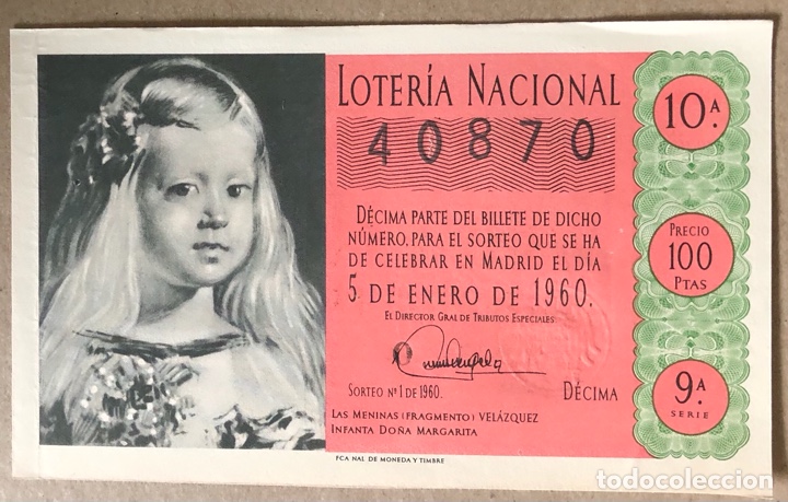 Loterie Nationale: D&Eacute;CIMO DE LOTER&Iacute;A DEL A&Ntilde;O 1960 SORTEO N&deg; 1 DEL 5/1/1960.