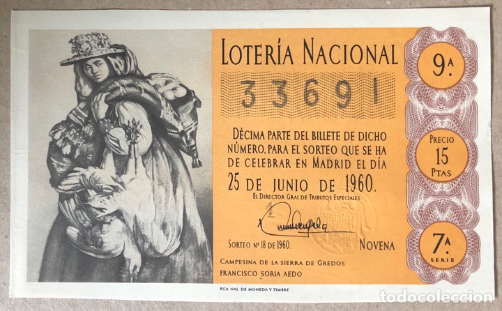 Nationale spanische Lotterie: D&Eacute;CIMO DE LOTER&Iacute;A DEL A&Ntilde;O 1960 SORTEO N&deg; 18 DEL 25/6/1960.