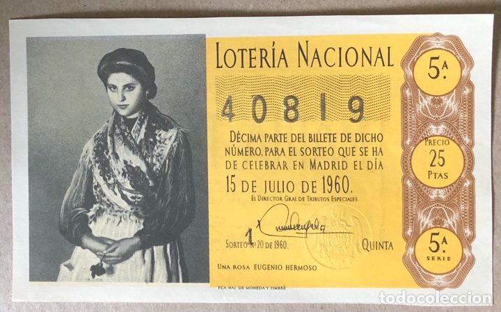 Nationale spanische Lotterie: D&Eacute;CIMO DE LOTER&Iacute;A DEL A&Ntilde;O 1960 SORTEO N&deg; 20 DEL 15/7/1960.