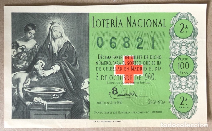 Nationale spanische Lotterie: D&Eacute;CIMO DE LOTER&Iacute;A DEL A&Ntilde;O 1960 SORTEO N&deg; 28 DEL 5/10/1960.