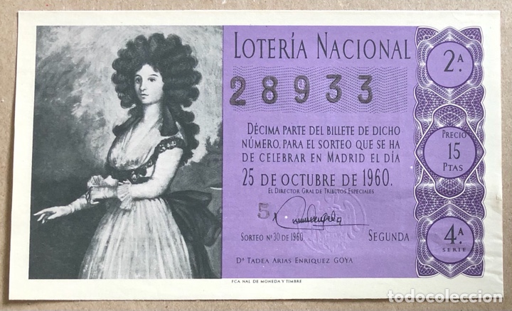 Nationale spanische Lotterie: D&Eacute;CIMO DE LOTER&Iacute;A DEL A&Ntilde;O 1960 SORTEO N&deg; 30 DEL 25/10/1960.