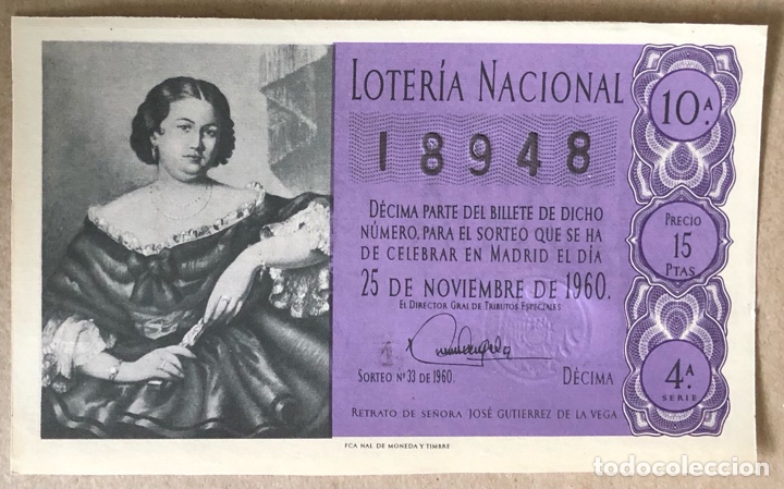 Loterie Nationale: D&Eacute;CIMO DE LOTER&Iacute;A DEL A&Ntilde;O 1960 SORTEO N&deg; 33 DEL 25/11/1960.