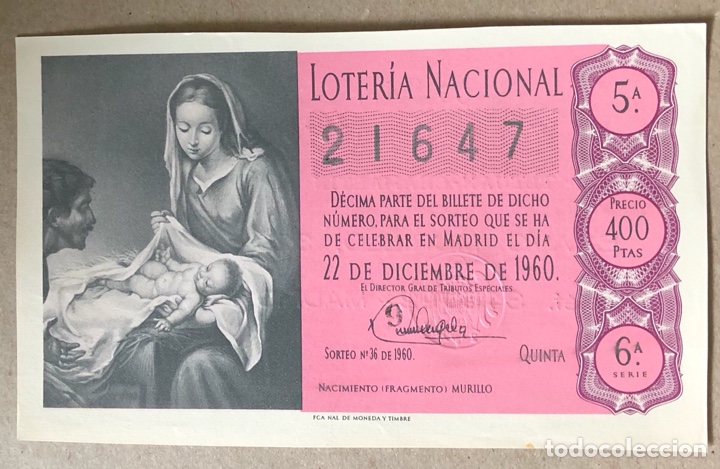 Nationale spanische Lotterie: D&Eacute;CIMO DE LOTER&Iacute;A DEL A&Ntilde;O 1960 SORTEO N&deg; 36 DEL 22/12/1960.