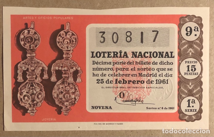 Nationale spanische Lotterie: D&Eacute;CIMO DE LOTER&Iacute;A DEL A&Ntilde;O 1961 SORTEO N&deg; 6 DEL 25/2/1961.