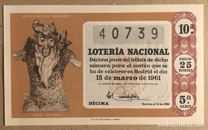 Nationale spanische Lotterie: D&Eacute;CIMO DE LOTER&Iacute;A DEL A&Ntilde;O 1961 SORTEO N&deg; 8 DEL 15/3/1961.