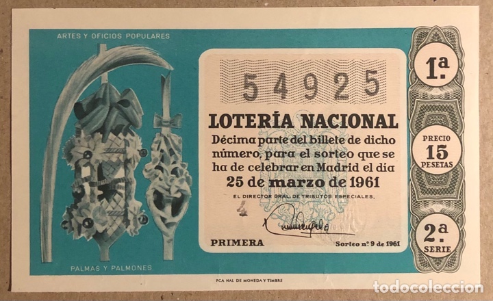 Nationale spanische Lotterie: D&Eacute;CIMO DE LOTER&Iacute;A DEL A&Ntilde;O 1961 SORTEO N&deg; 9 DEL 25/3/1961.