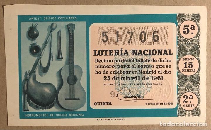 Nationale spanische Lotterie: D&Eacute;CIMO DE LOTER&Iacute;A DEL A&Ntilde;O 1961 SORTEO N&deg; 12 DEL 25/4/1961.