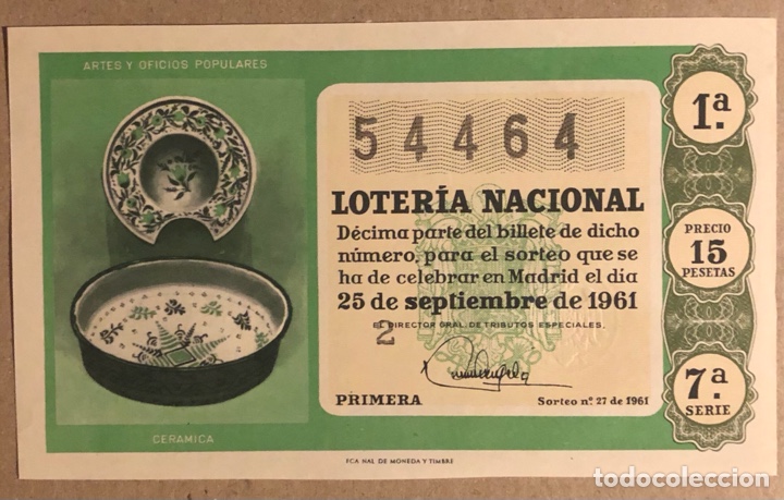 Nationale spanische Lotterie: D&Eacute;CIMO DE LOTER&Iacute;A DEL A&Ntilde;O 1961 SORTEO N&deg; 27 DEL 25/9/1961.
