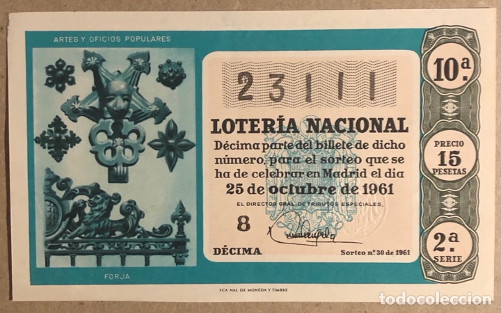Nationale spanische Lotterie: D&Eacute;CIMO DE LOTER&Iacute;A DEL A&Ntilde;O 1961 SORTEO N&deg; 30 DEL 25/10/1961.