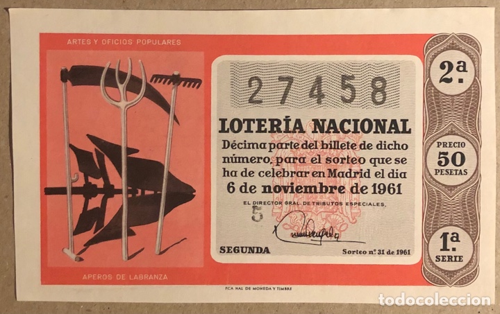 Nationale spanische Lotterie: D&Eacute;CIMO DE LOTER&Iacute;A DEL A&Ntilde;O 1961 SORTEO N&deg; 31 DEL 6/11/1961.