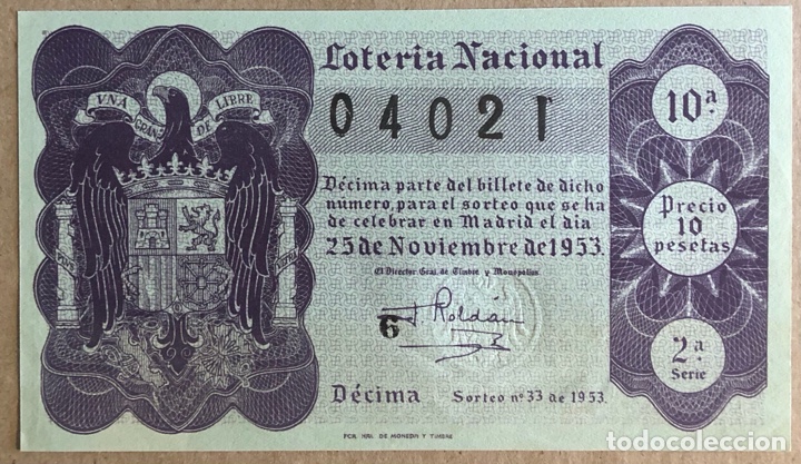 Loterie Nationale: D&Eacute;CIMO DE LOTER&Iacute;A DEL A&Ntilde;O 1953 SORTEO N&deg; 33 DEL 25/11/1953.