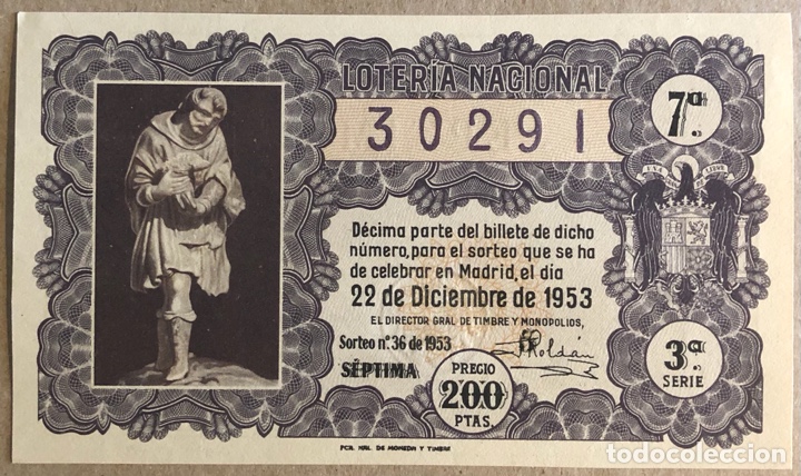 National Spanish Lottery: D&Eacute;CIMO DE LOTER&Iacute;A DEL A&Ntilde;O 1953 SORTEO N&deg; 36 DEL 22/12/1953.