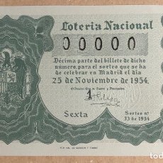 Lotería Nacional: DÉCIMO DE LOTERÍA DEL AÑO 1954 SORTEO N° 33 DEL 25/11/1954. CON NUMERACIÓN 00000.. Lote 275793923