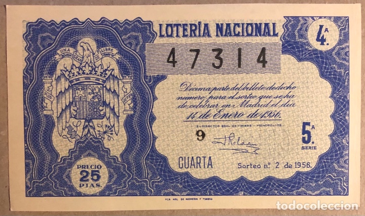 Lotteria Nationale Spagnola: D&Eacute;CIMO DE LOTER&Iacute;A DEL A&Ntilde;O 1956 SORTEO N&deg; 2 DEL 14/1/1956.