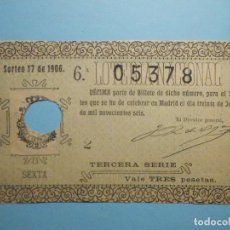 Lotería Nacional: LOTERÍA NACIONAL DE ESPAÑA - SORTEO Nº 17 - MADRID A 30 DE JUNIO 1906 - 05738 - TRES PESETAS