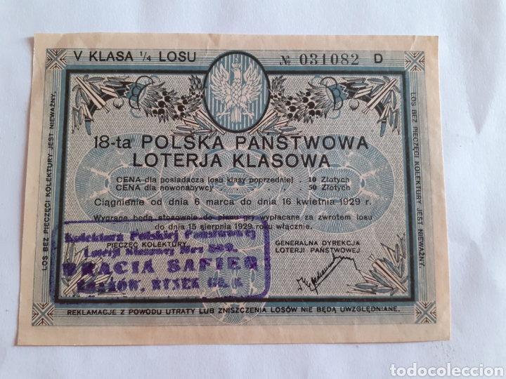 Lotaria Nacional: Billete Loter&iacute;a Nacional Polonia 16 abril 1929