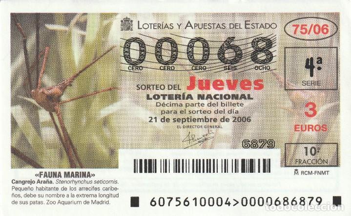 Lotaria Nacional: 1 DECIMO LOTERIA DEL JUEVES - 21 SEPTIEMBRE 2006 - 75/06 - FAUNA MARINA ( CANGREJO ARA&Ntilde;A )