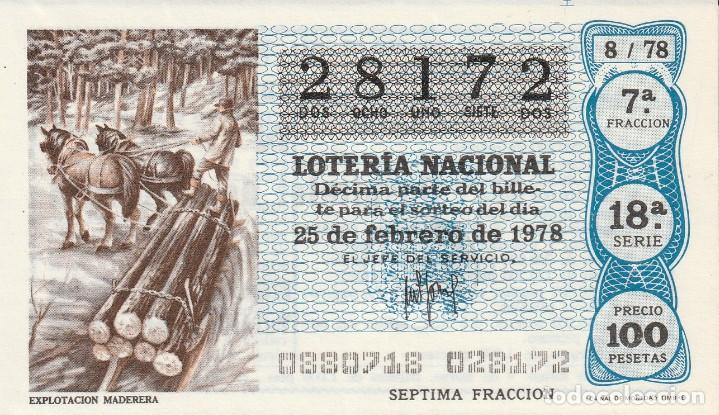Lotaria Nacional: 1 DECIMO LOTERIA SABADO - 25 FEBRERO 1978 - 8/78 - EXPLOTACION MADERERA ( COLOR AZUL