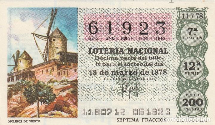 Lotaria Nacional: 1 DECIMO LOTERIA SABADO - 18 MARZO 1978 - 11/78 - MOLINOS DE VIENTO ( COLOR VERDE OSCURO