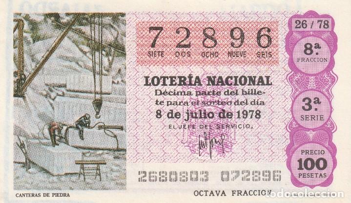 Lotaria Nacional: 1 DECIMO LOTERIA SABADO - 8 JULIO 1978 - 26/78 - CANTERAS DE PIEDRA ( COLOR MORADO