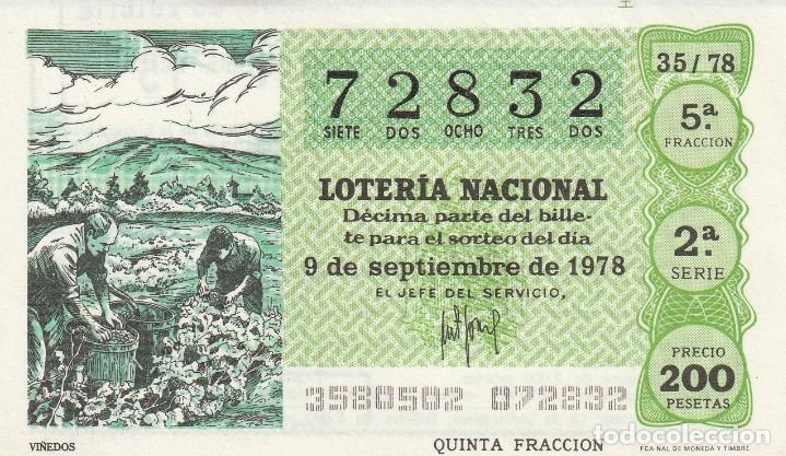 Lotaria Nacional: 1 DECIMO LOTERIA DEL SABADO - 9 SEPTIEMBRE 1978 - 35/78 - VI&Ntilde;EDOS ( COLOR VERDE CLARO