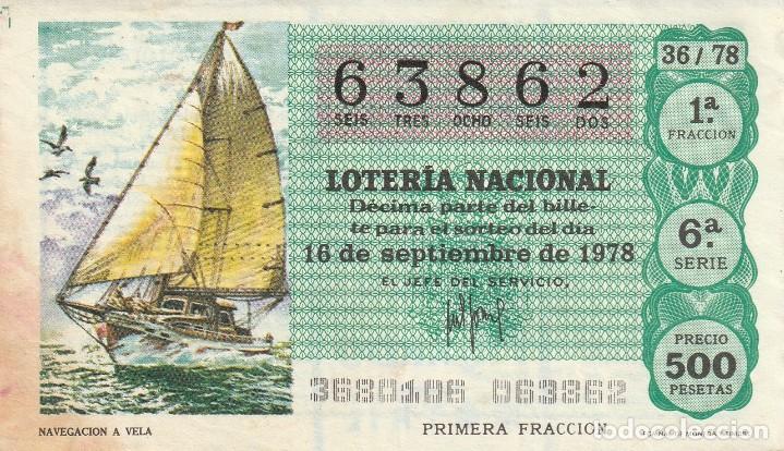 Lotaria Nacional: 1 DECIMO LOTERIA DEL SABADO - 16 SEPTIEMBRE 1978 - 36/78 - NAVEGACION A VELA ( COLOR VERDE
