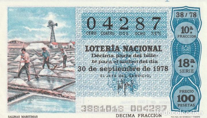 Lotaria Nacional: 1 DECIMO LOTERIA DEL SABADO - 30 SEPTIEMBRE 1978 - 38/78 - SALINAS MARITIMAS ( COLOR AZUL