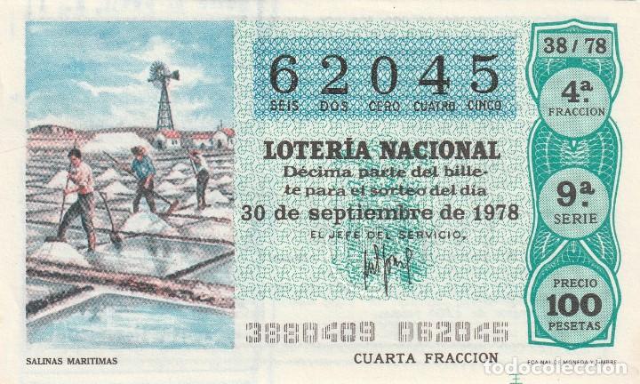 Lotaria Nacional: 1 DECIMO LOTERIA DEL SABADO - 30 SEPTIEMBRE 1978 - 38/78 - SALINAS MARITIMAS ( COLOR VERDE AGUA