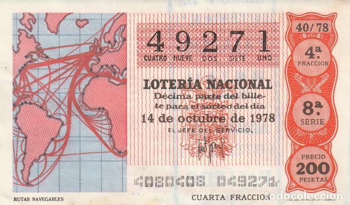Lotaria Nacional: 1 DECIMO LOTERIA DEL SABADO - 14 OCTUBRE 1978 - 40/78 - RUTAS NAVEGABLES ( COLOR NARANJA