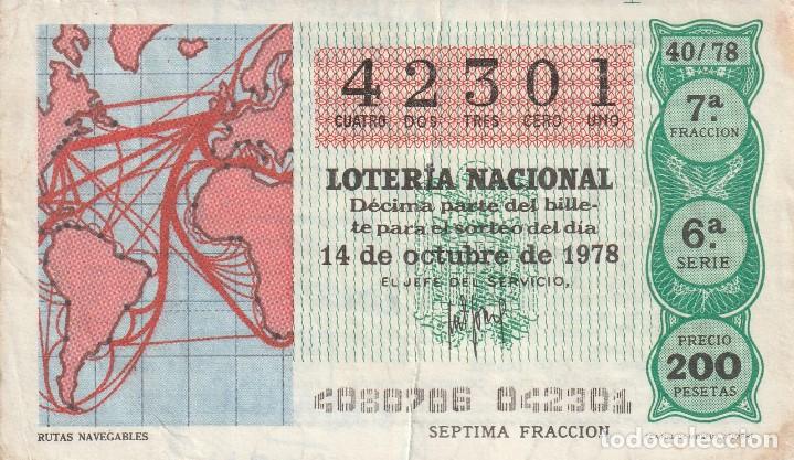 Lotaria Nacional: 1 DECIMO LOTERIA DEL SABADO - 14 OCTUBRE 1978 - 40/78 - RUTAS NAVEGABLES ( COLOR VERDE AGUA