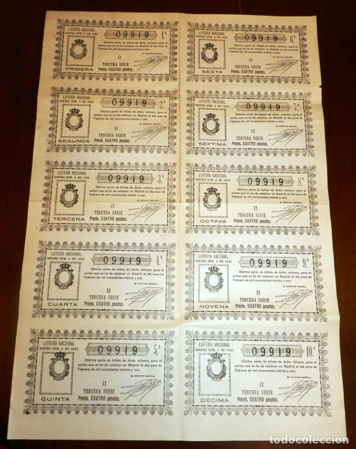Loterie Nationale: Billete completo ( 10 d&eacute;cimos ), Loteria Nacional. Sorteo n&ordm; 5 DE 11 DE FEBRERO DE 1931, Tercera Ser