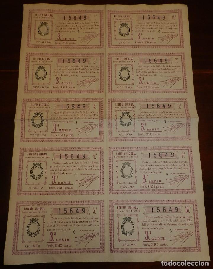 Loterie Nationale: Billete completo ( 10 d&eacute;cimos ), Loteria Nacional. Sorteo n&ordm; 3 DE 1936, Tercera Serie, buen estado d