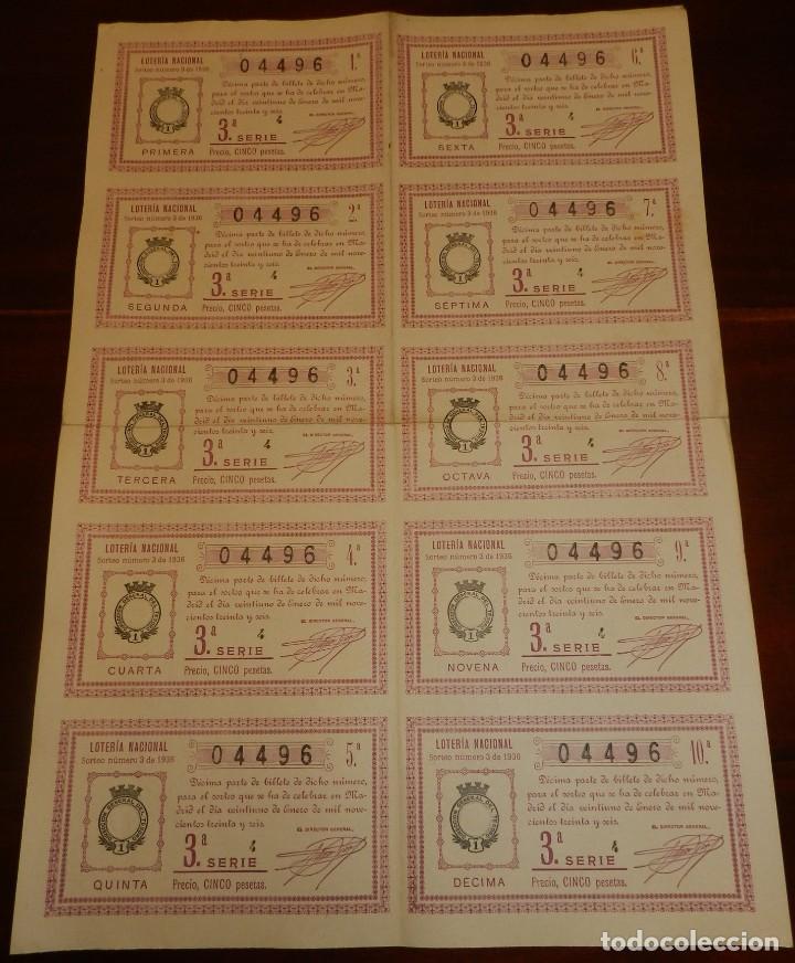 Loterie Nationale: Billete completo ( 10 d&eacute;cimos ), Loteria Nacional. Sorteo n&ordm; 3 DE 1936, Tercera Serie, buen estado d