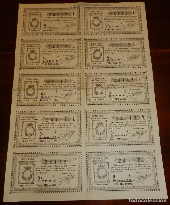 Loterie Nationale: Billete completo ( 10 d&eacute;cimos ), Loteria Nacional. Sorteo n&ordm; 2 DE 1936, Segunda Serie, buen estado d